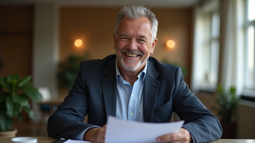 Retraité heureux en train de consulter ses relevés de compte et documents de retraite dans un environnement calme et lumineux