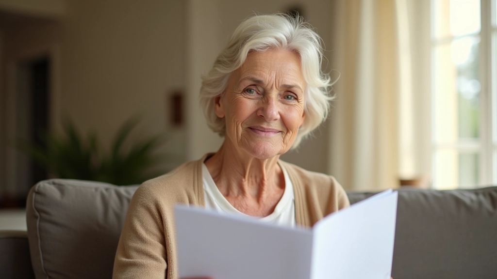 Femme retraitée apaisée consultant ses relevés de rente mensuelle dans son salon lumineux